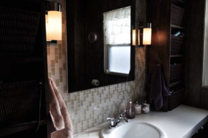 Our vanity with the beautiful tile  behind the mirror. 