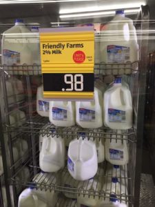 Milk on sale for 98 cents in Iowa. Photo courtesy of Rhonda Bode Stoltzfus 