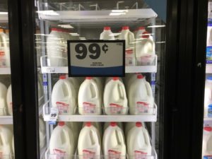 Milk on sale for 99 cents at a Meijer. Photo courtesy of Carilynn Coombs 